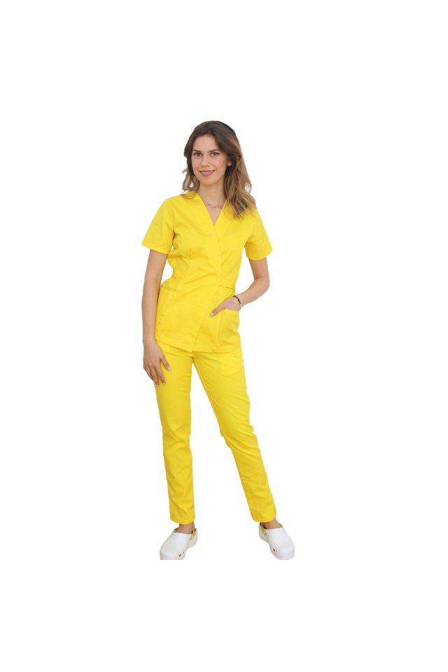 Costum medical galben, cu bluza tip kimono si pantaloni galben cu elastic