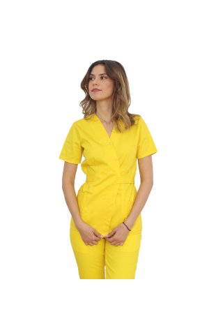 Costum medical galben, cu bluza tip kimono si pantaloni galben cu elastic