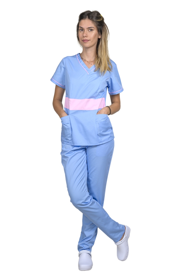 Costum medical bleu cu roz pal, model Sofia