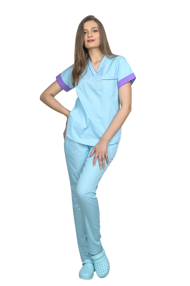 Costum medical menta cu mov, model Amani