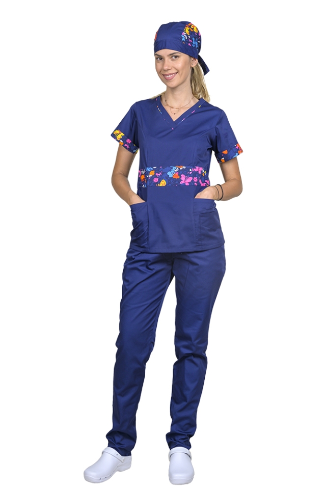 Costum medical bleumarin DUO Butterfly, cu halat cu anchior si pantaloni  cu elastic