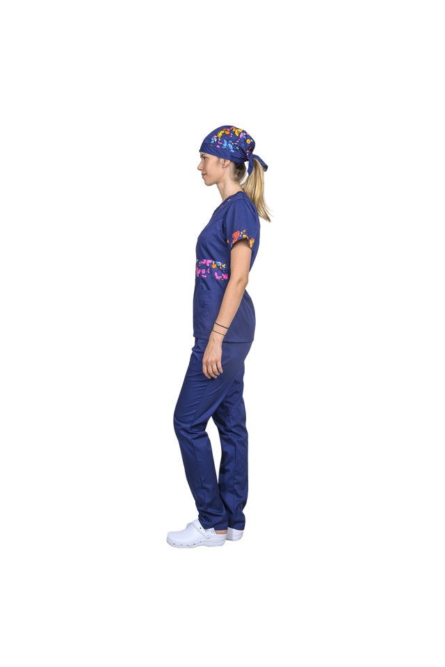 Costum medical bleumarin DUO Butterfly, cu halat cu anchior si pantaloni  cu elastic