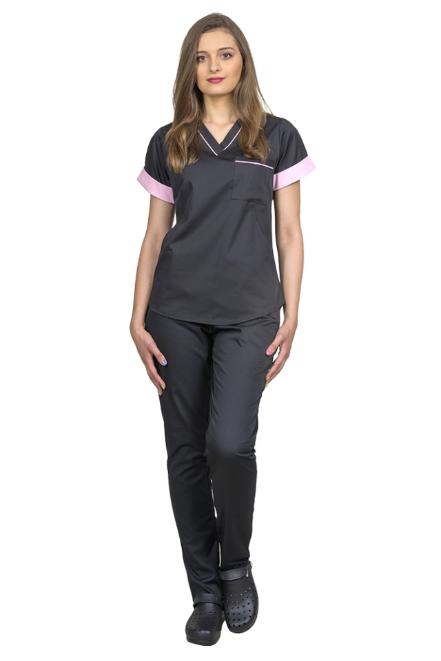 Costum medical negru cu roz pal, model Amani