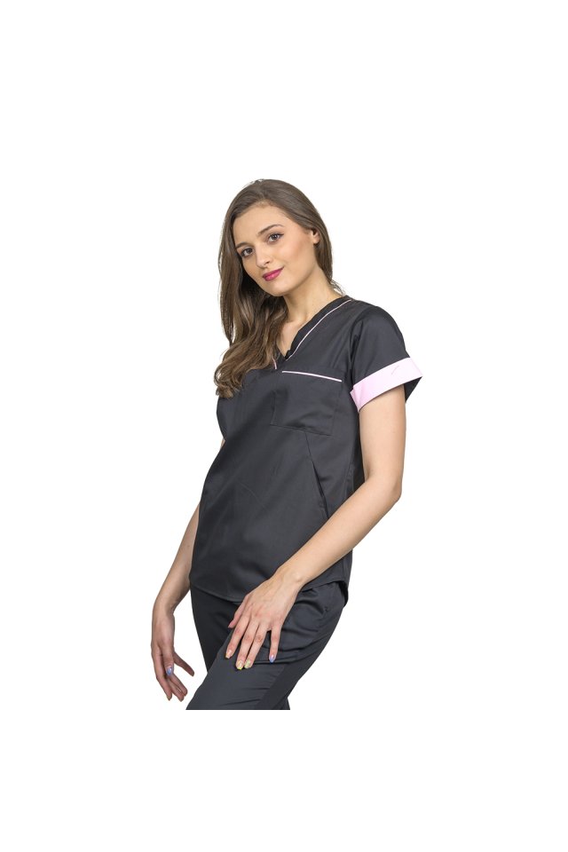 Costum medical negru cu roz pal, model Amani