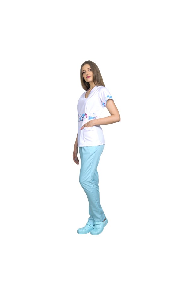 Costum medical DUO Brush, cu halat cu anchior si pantaloni menta cu elastic