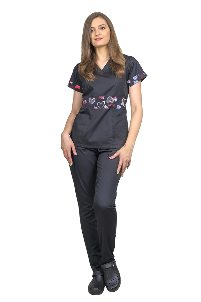 Costum medical negru DUO Love, cu halat cu anchior si pantaloni  cu elastic