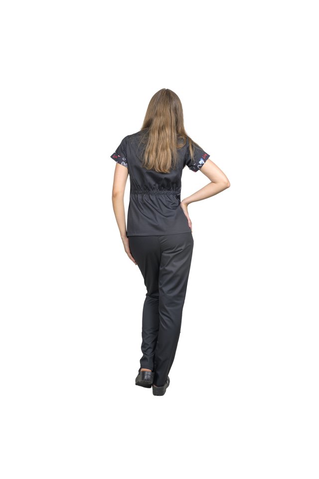 Costum medical negru DUO Love, cu halat cu anchior si pantaloni  cu elastic