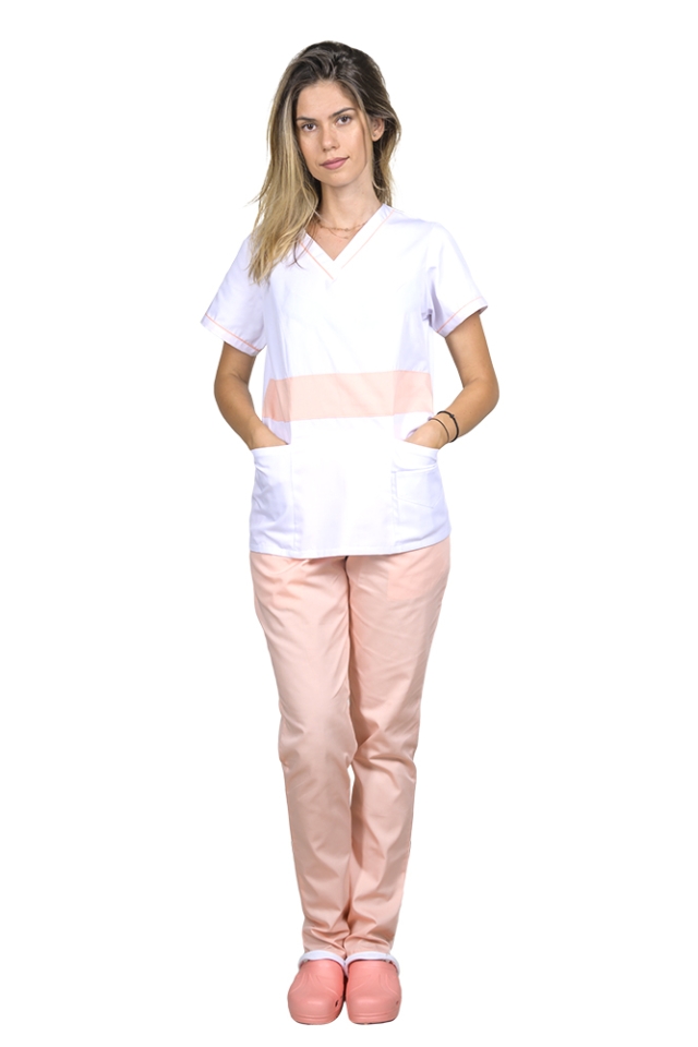 Costum medical alb cu piersica, model Sofia