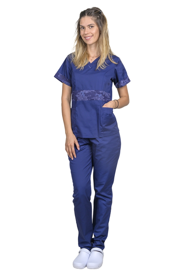 Costum medical bleumarin DUO Army, cu halat cu anchior si pantaloni  cu elastic