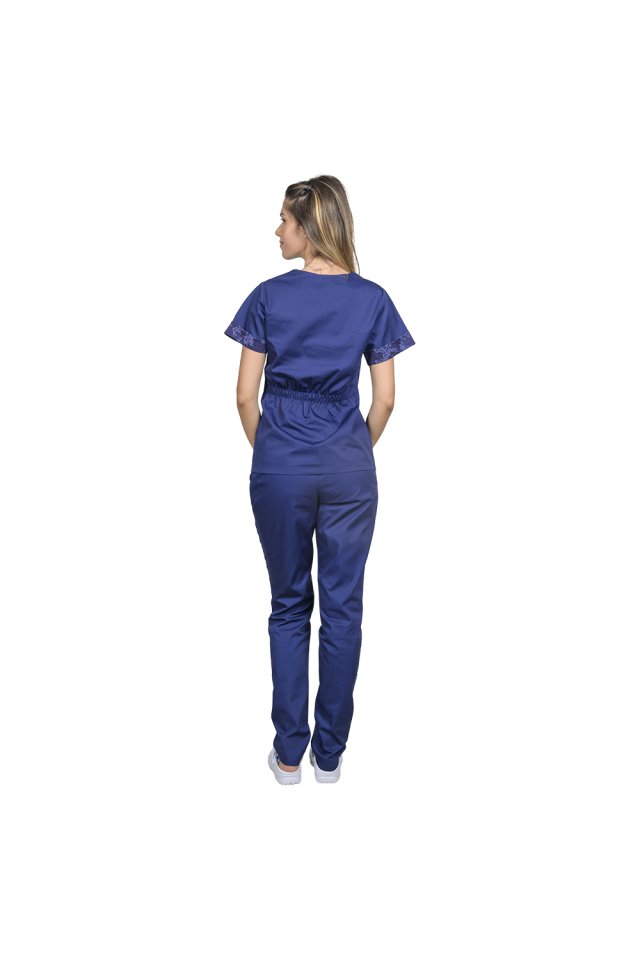 Costum medical bleumarin DUO Army, cu halat cu anchior si pantaloni  cu elastic