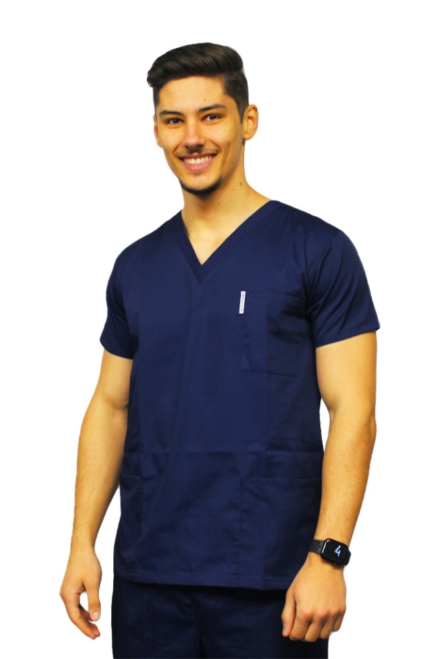 Halat medical bleumarin unisex cu anchior in V si trei buzunare aplicate