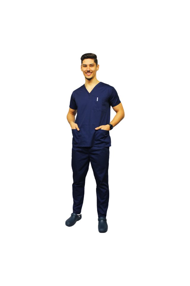 Halat medical bleumarin unisex cu anchior in V si trei buzunare aplicate