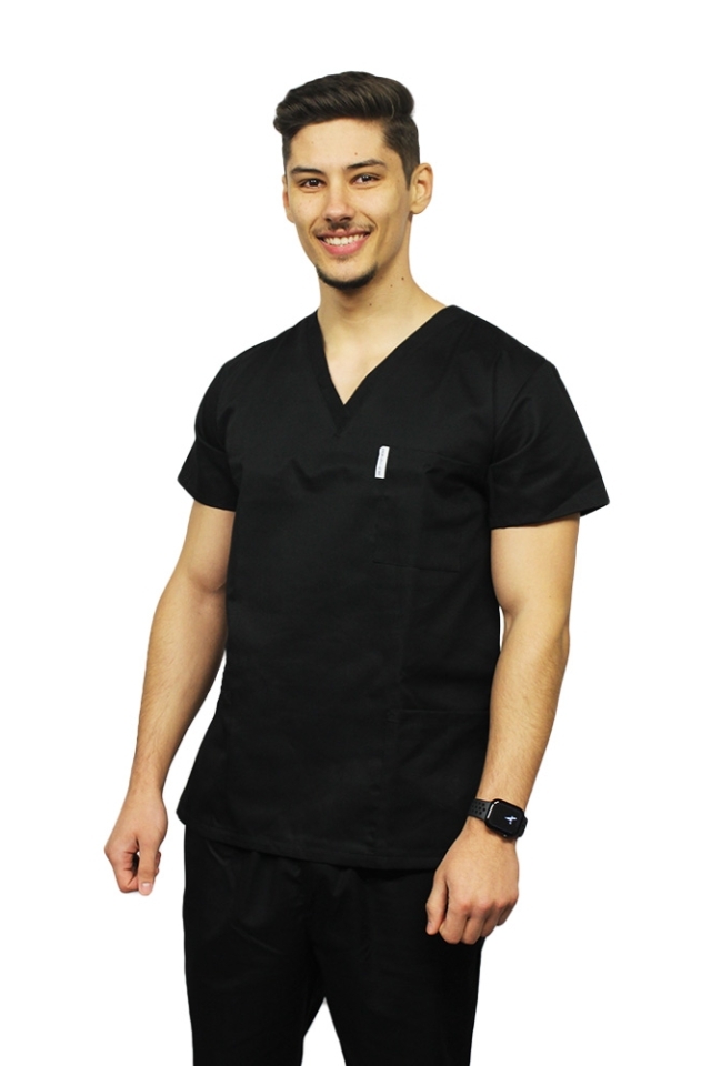 Halat medical negru unisex cu anchior in forma V cu trei buzunare aplicate