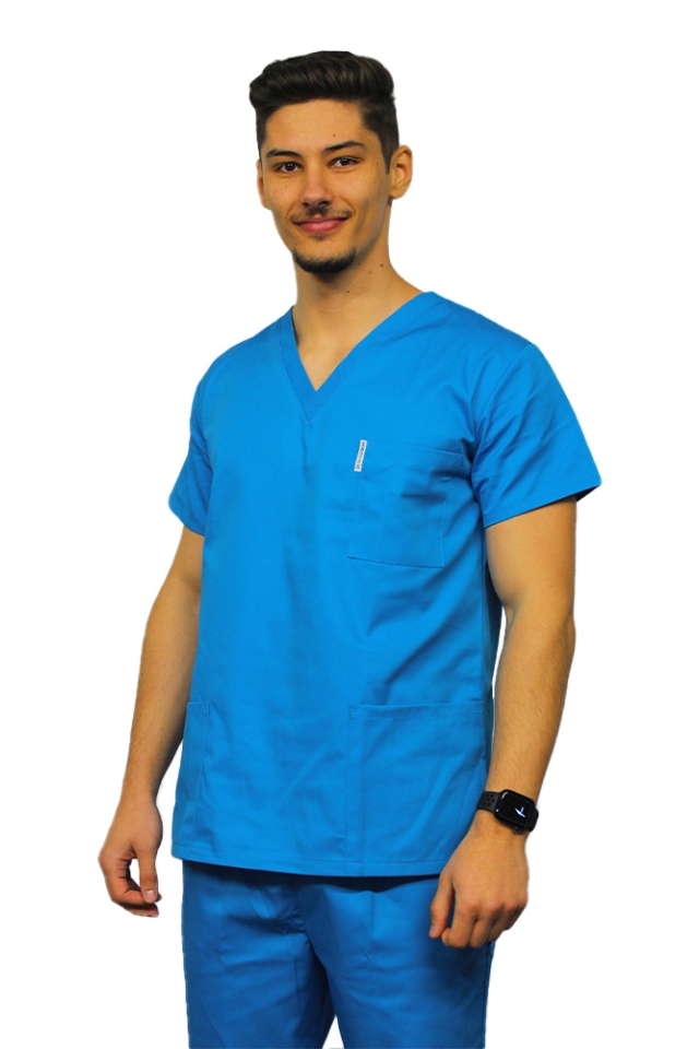 Halat medical turcoaz  unisex cu anchior in forma V cu trei buzunare aplicate..