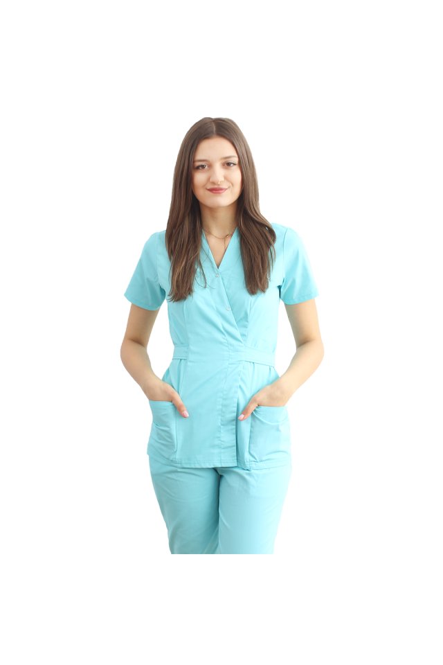 Halat medical kimono menta cu doua buzunare aplicate