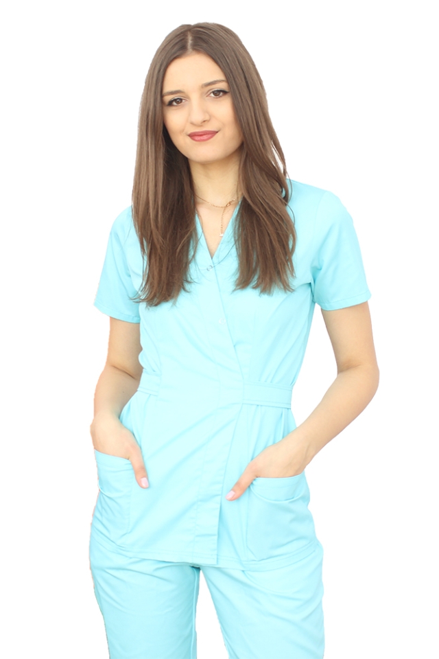 Halat medical kimono menta cu doua buzunare aplicate