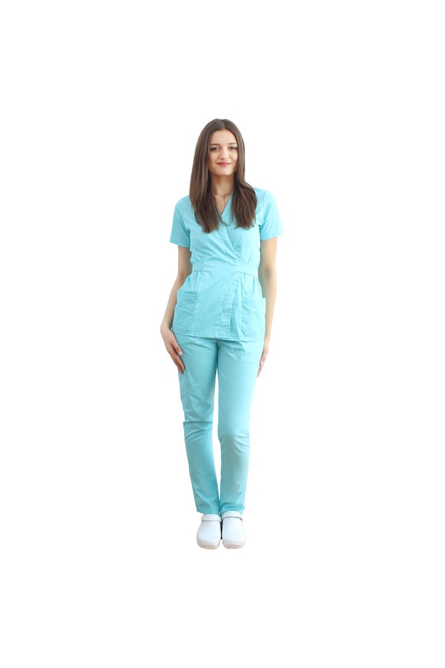 Costum medical menta, cu bluza tip kimono si pantaloni menta cu elastic