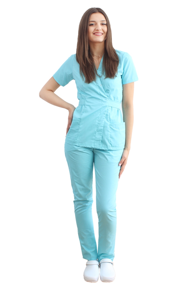 Costum medical menta, cu bluza tip kimono si pantaloni menta cu elastic