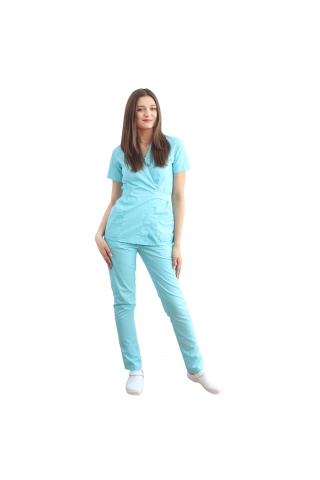 Costum medical menta, cu bluza tip kimono si pantaloni menta cu elastic