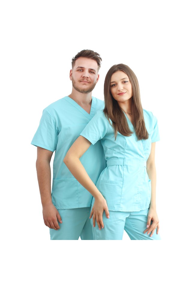 Halat medical kimono menta cu doua buzunare aplicate