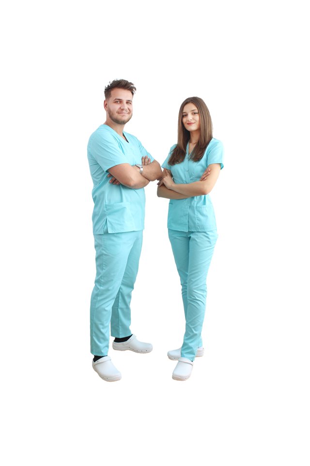 Halat medical kimono menta cu doua buzunare aplicate