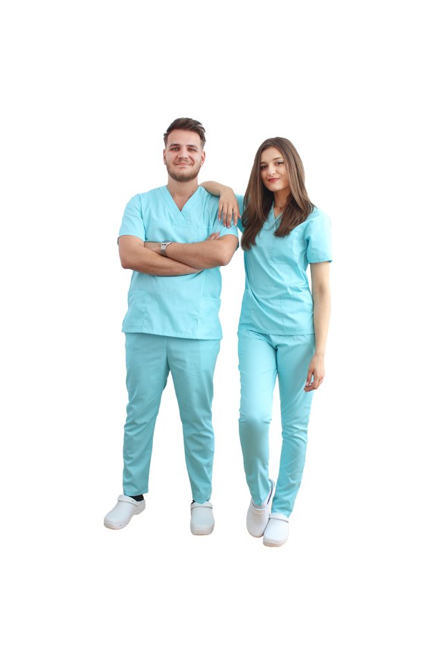 Halat medical kimono menta cu doua buzunare aplicate