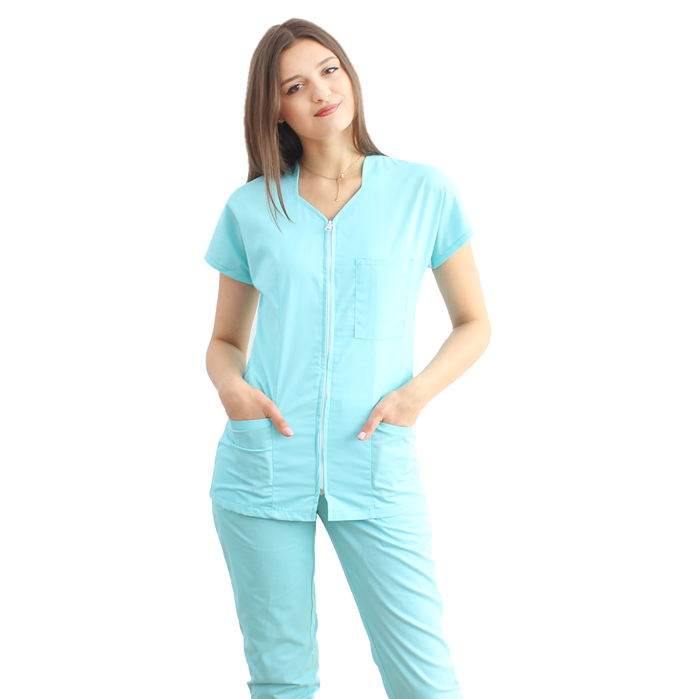 Costum medical menta cu bluza cu fermoar cambrata, trei buzunare aplicate si pantaloni menta cu elastic