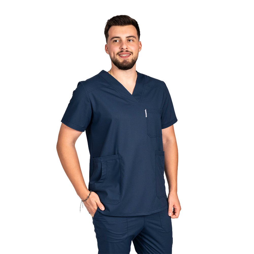 Costum medical stretch barbati bleumarin cu bluza in V si pantaloni cu snur si elastic