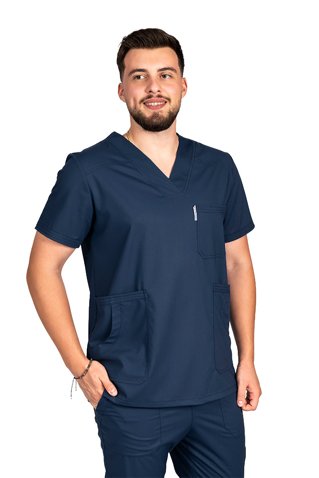 Costum medical stretch barbati bleumarin cu bluza in V si pantaloni cu snur si elastic