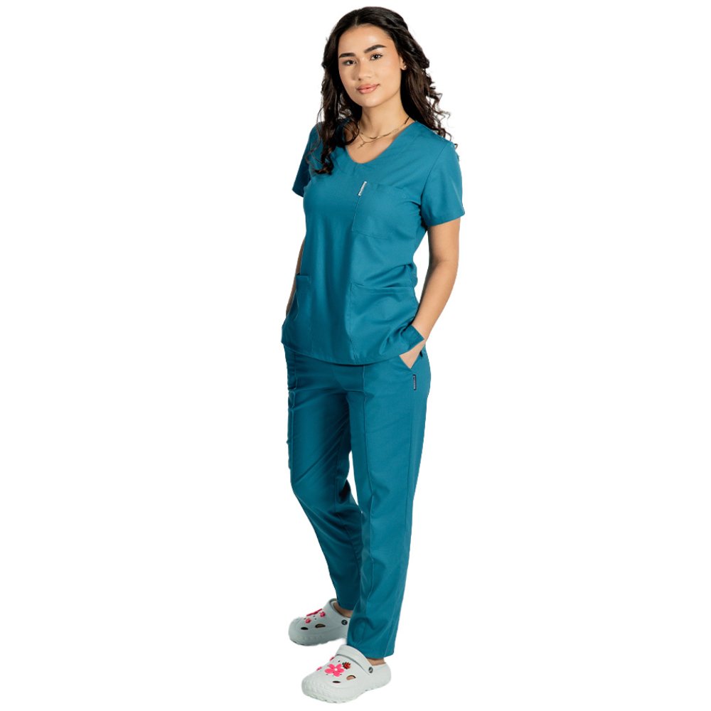 Costum medical stretch aqua cu bluza in V si pantaloni cu snur si elastic