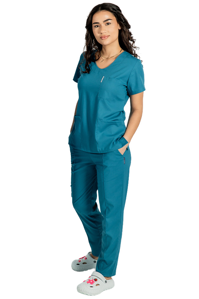 Costum medical stretch aqua cu bluza in V si pantaloni cu snur si elastic