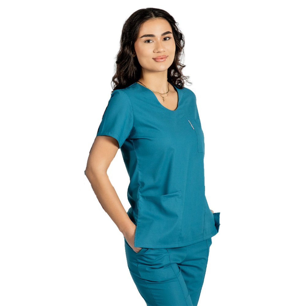 Costum medical stretch aqua cu bluza in V si pantaloni cu snur si elastic
