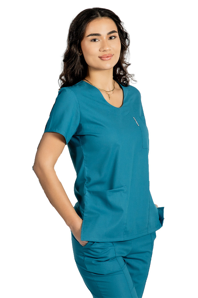 Costum medical stretch aqua cu bluza in V si pantaloni cu snur si elastic