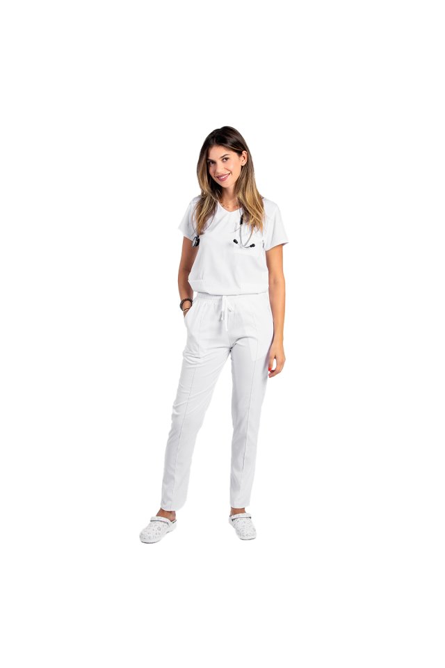 Costum medical stretch alb cu bluza in V si pantaloni cu snur si elastic