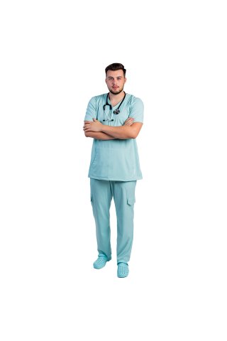 Costum medical stretch barbati  menta cu bluza in V si pantaloni cu snur si elastic