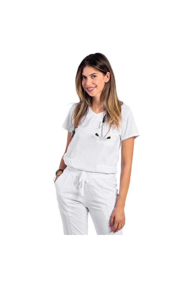 Costum medical stretch alb cu bluza in V si pantaloni cu snur si elastic