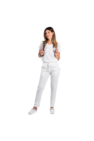Costum medical stretch alb cu bluza in V si pantaloni cu snur si elastic