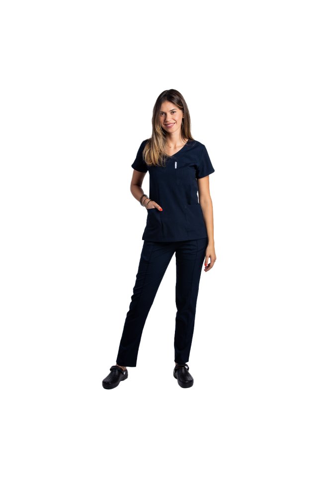 Costum medical stretch bleumarin cu bluza in V si pantaloni cu snur si elastic