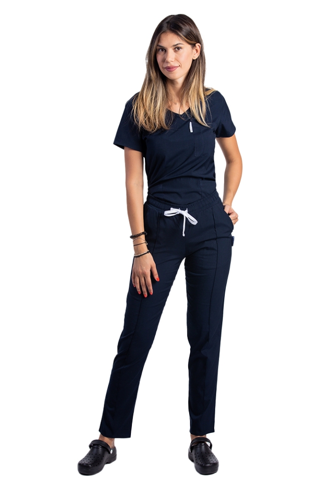 Costum medical stretch bleumarin cu bluza in V si pantaloni cu snur si elastic..