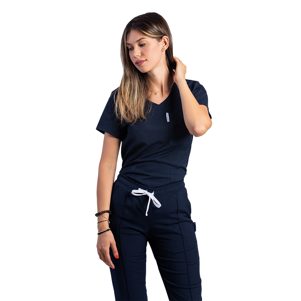 Costum medical stretch bleumarin cu bluza in V si pantaloni cu snur si elastic