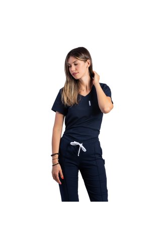 Costum medical stretch bleumarin cu bluza in V si pantaloni cu snur si elastic