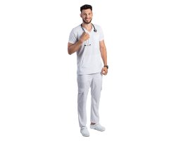 Costum medical stretch barbati alb cu bluza in V si pantaloni cu snur si elastic