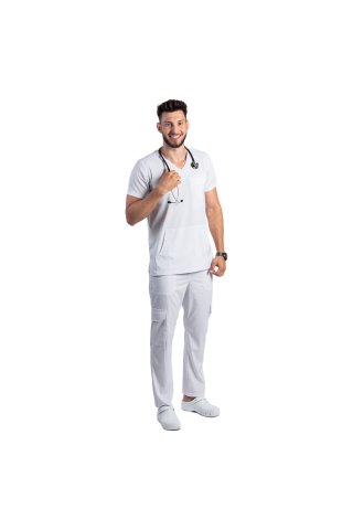 Costum medical stretch barbati alb cu bluza in V si pantaloni cu snur si elastic
