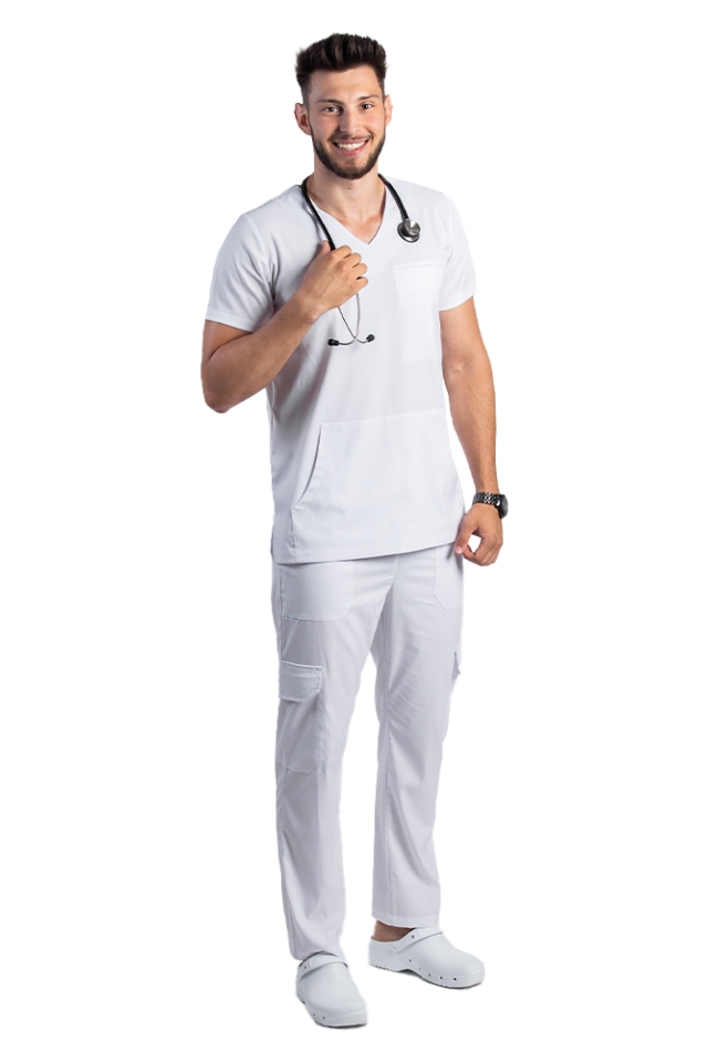 Costum medical stretch barbati alb cu bluza in V si pantaloni cu snur si elastic..