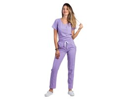 Costum medical stretch lila cu bluza in V si pantaloni cu snur si elastic