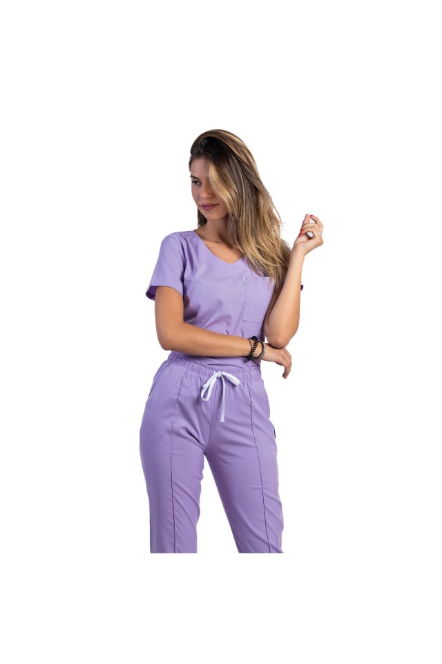 Costum medical stretch lila cu bluza in V si pantaloni cu snur si elastic