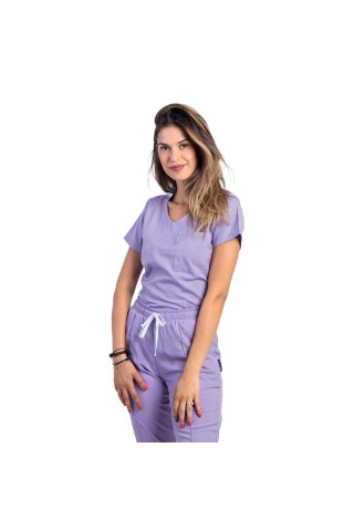 Costum medical stretch lila cu bluza in V si pantaloni cu snur si elastic