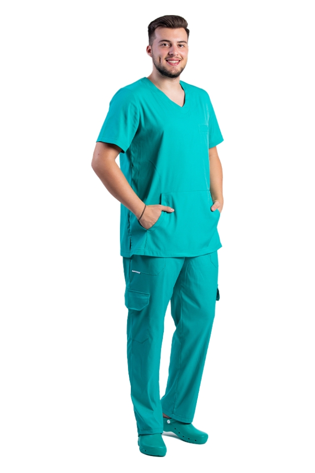 Costum medical stretch barbati verde turcoaz cu bluza in V si pantaloni cu snur si elastic