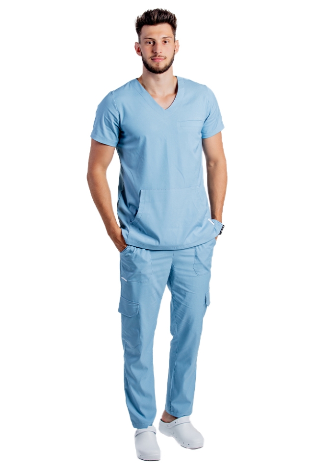 Costum medical stretch barbati bleu cu bluza in V si pantaloni cu snur si elastic