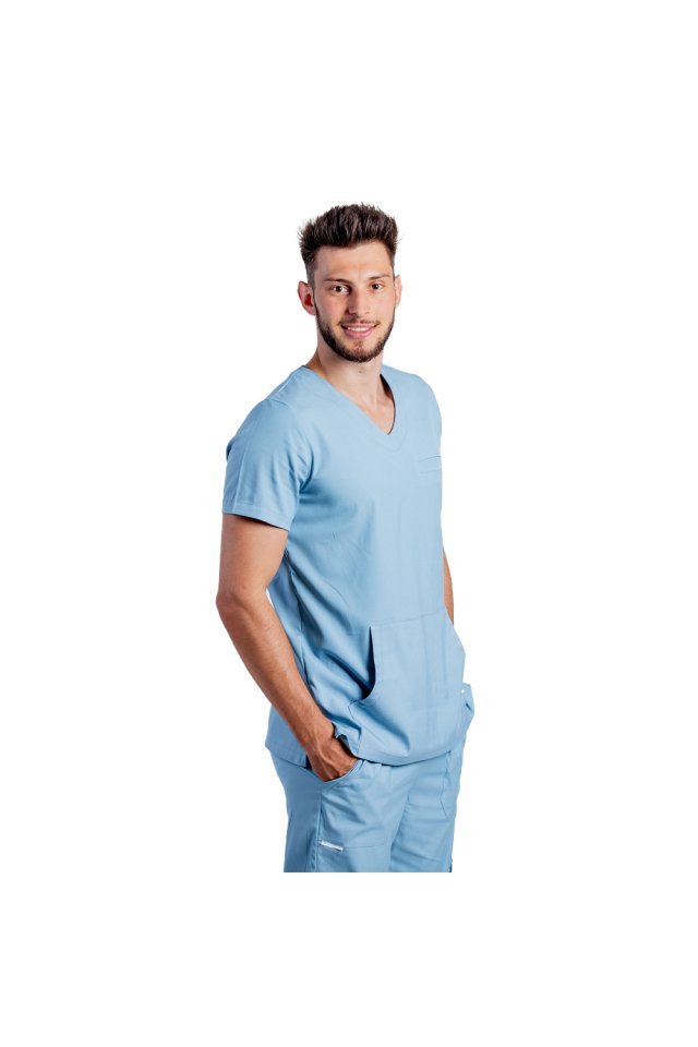 Costum medical stretch barbati bleu cu bluza in V si pantaloni cu snur si elastic